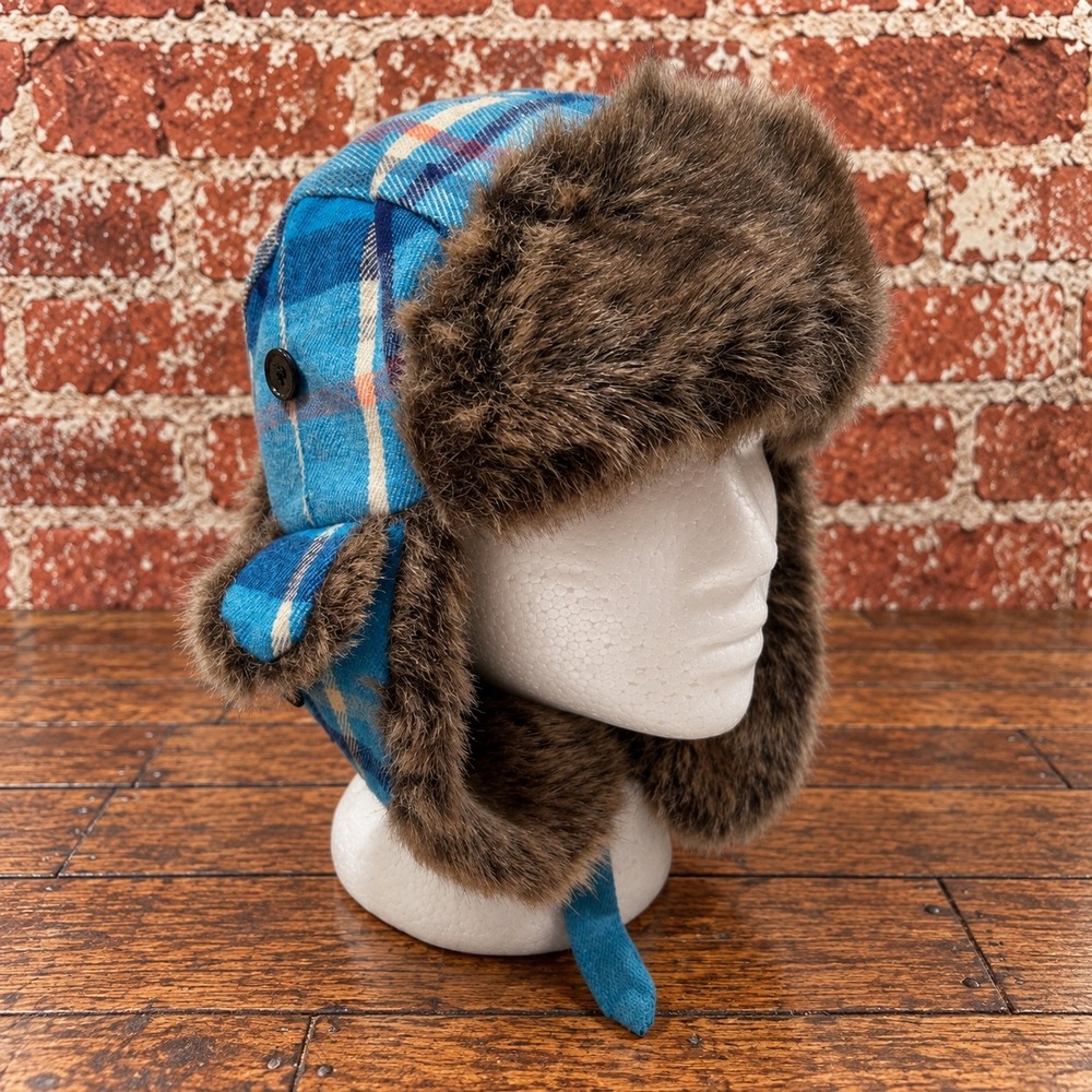 Plaid Faux Fur Trapper Hat Aviator Winter Cap Gorpcore Cabin Y2K 2000s Apres Ski